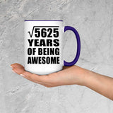 75th Birthday Square Root of 5625 Years of Being Awesome - 15oz Accent Mug Purple