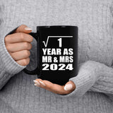 1st Anniversary Square Root of 1 Year As Mr & Mrs 2024 - 15oz Coffee Mug Black