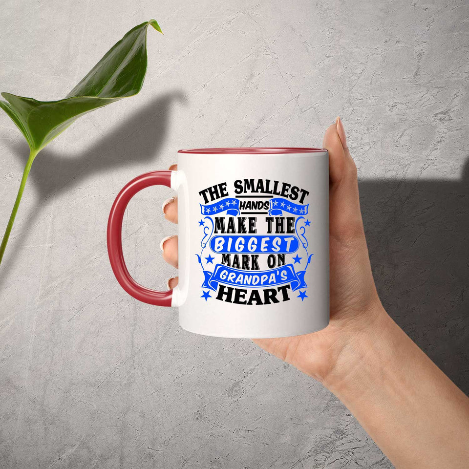 The Smallest Hands Make The Biggest Mark On Grandpa's Heart - 11oz Accent Mug Red