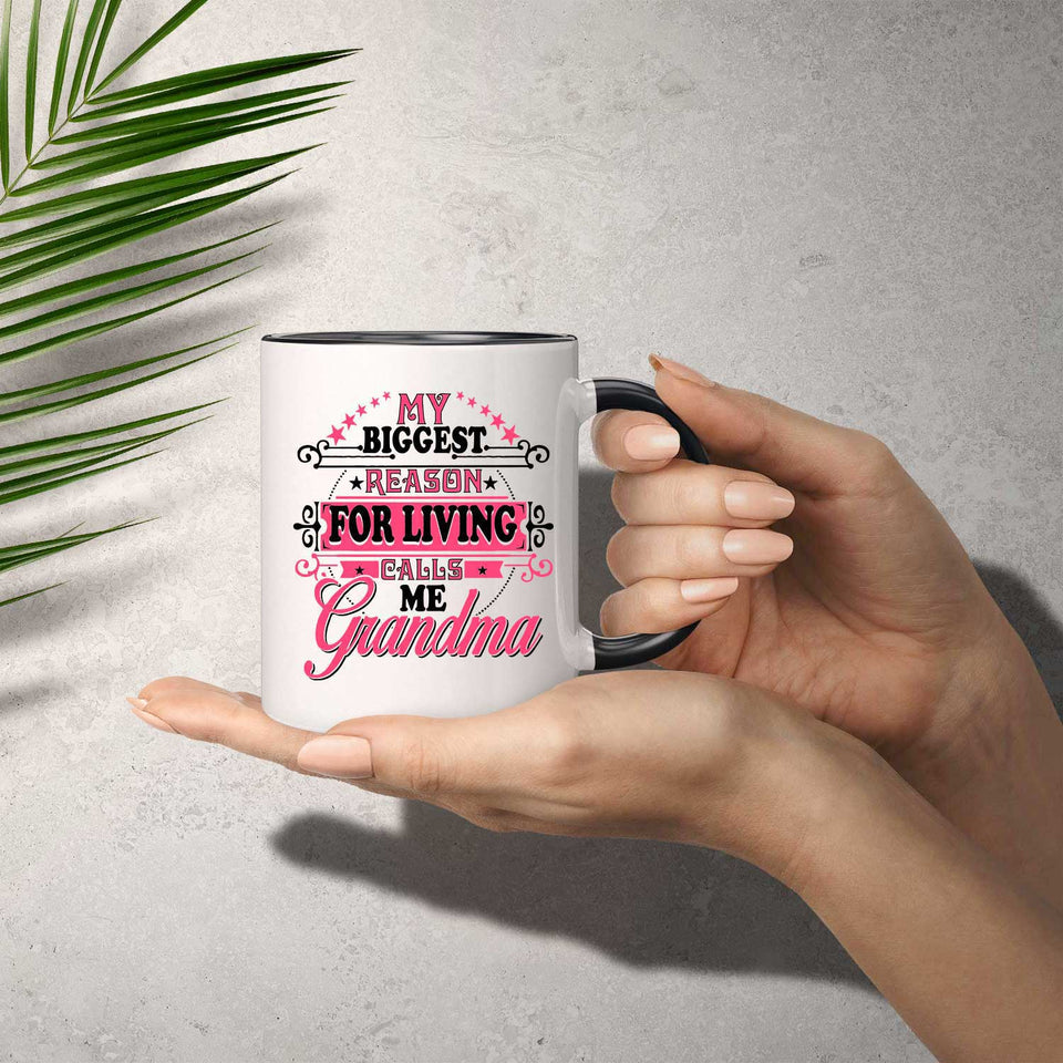 My Biggest Reason For Living Calls Me Grandma - 11oz Accent Mug Black