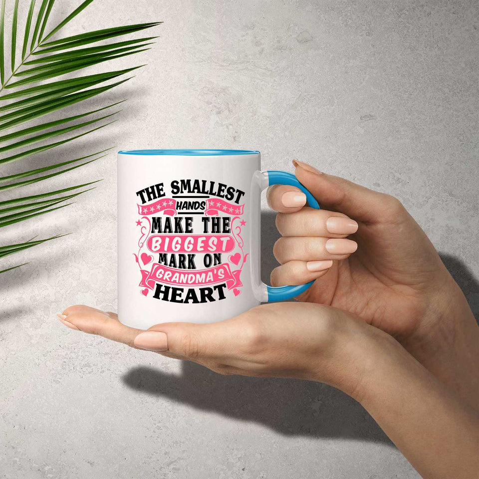 The Smallest Hands Make The Biggest Mark On Grandma's Heart - 11oz Accent Mug Blue