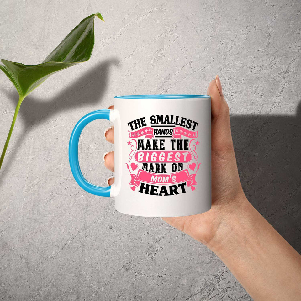 The Smallest Hands Make The Biggest Mark On Mom's Heart - 11oz Accent Mug Blue