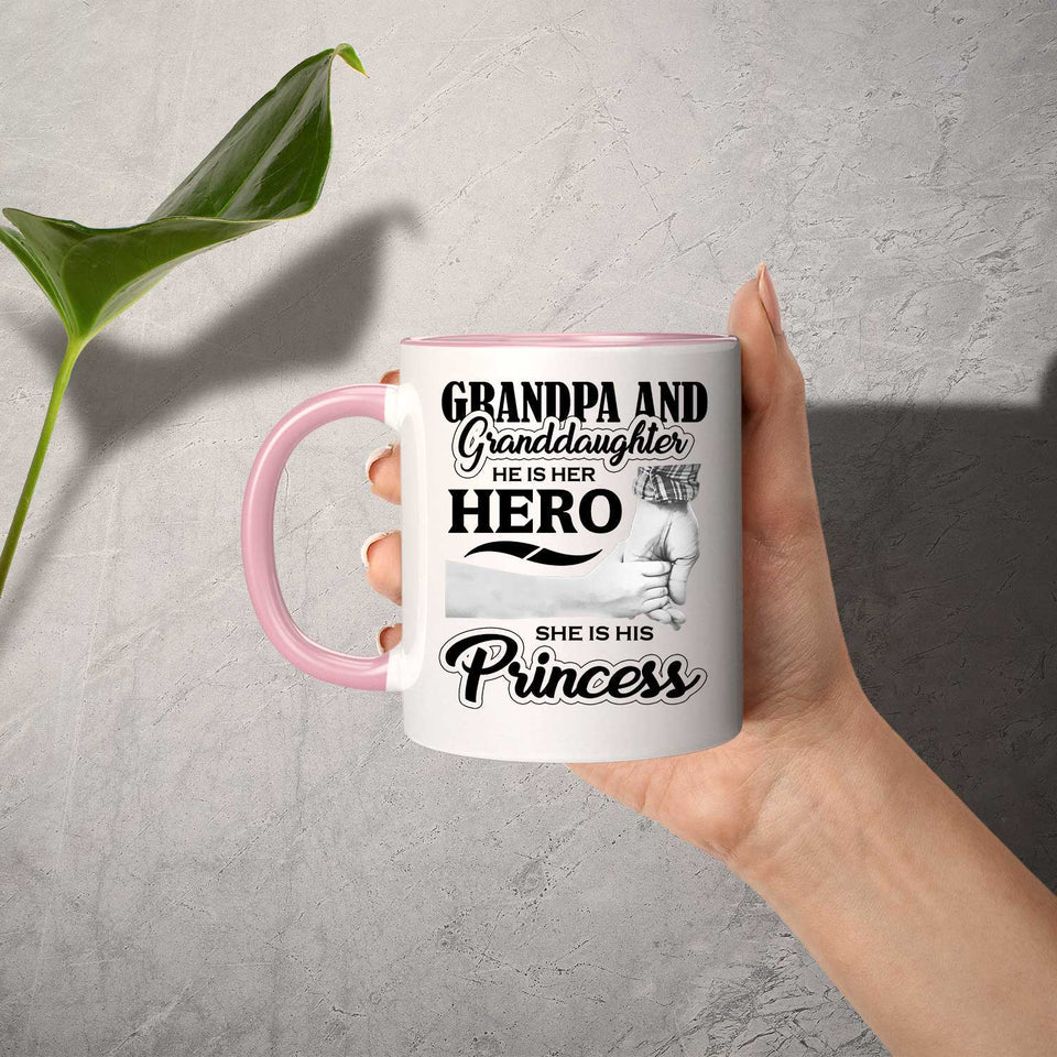 Grandpa & Granddaughter, He is Her Hero, She is His Princess - 11oz Accent Mug Pink