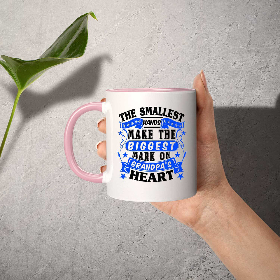 The Smallest Hands Make The Biggest Mark On Grandpa's Heart - 11oz Accent Mug Pink