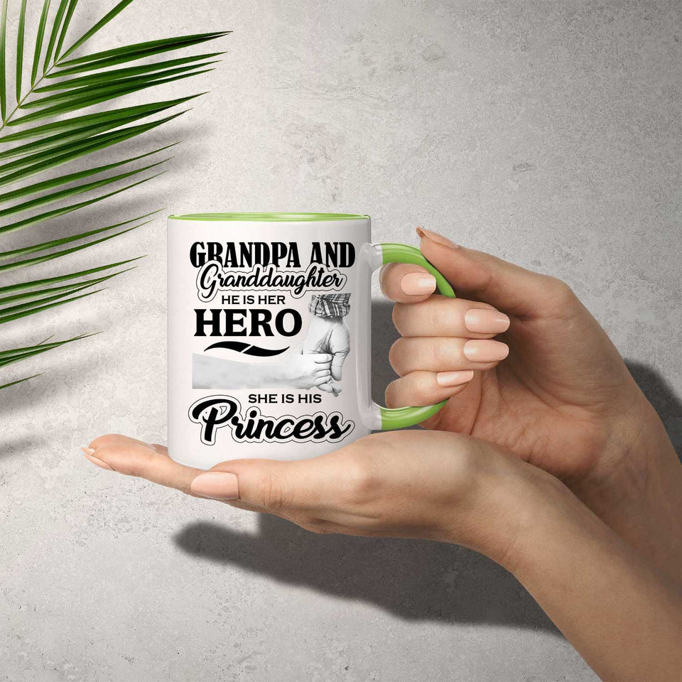 Grandpa & Granddaughter, He is Her Hero, She is His Princess - 11oz Accent Mug Green