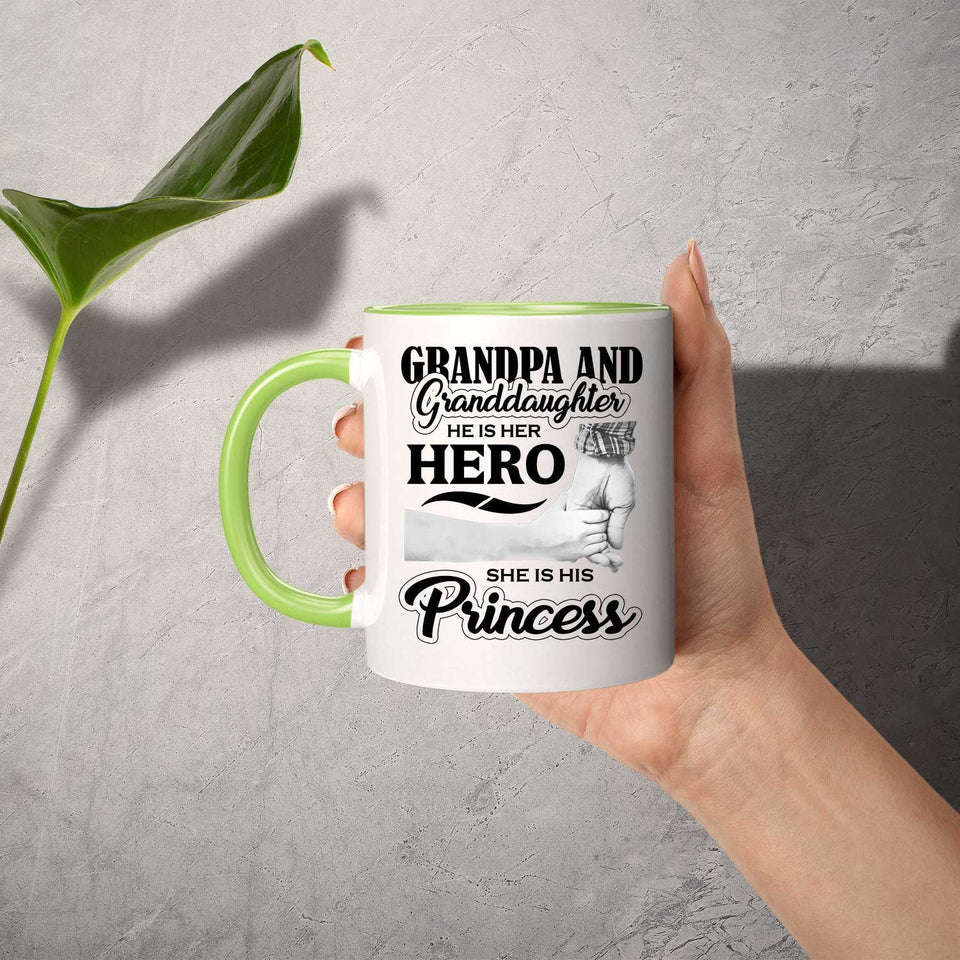 Grandpa & Granddaughter, He is Her Hero, She is His Princess - 11oz Accent Mug Green