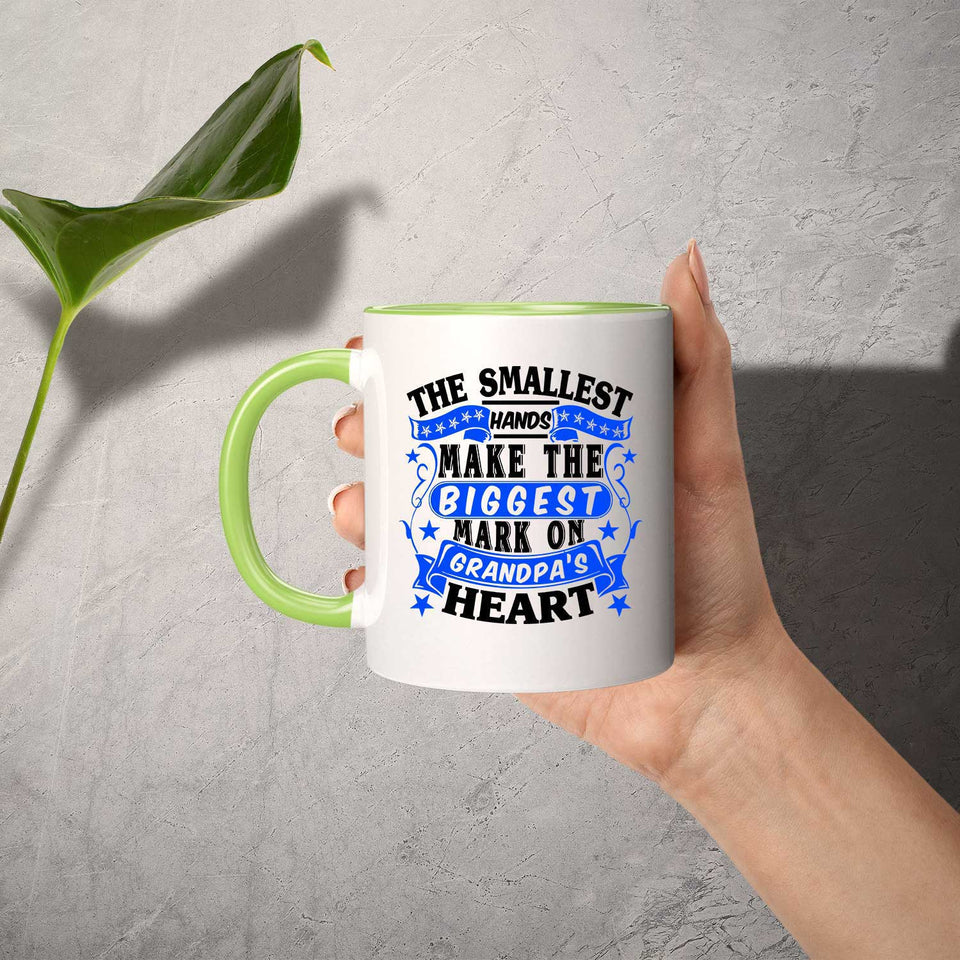 The Smallest Hands Make The Biggest Mark On Grandpa's Heart - 11oz Accent Mug Green