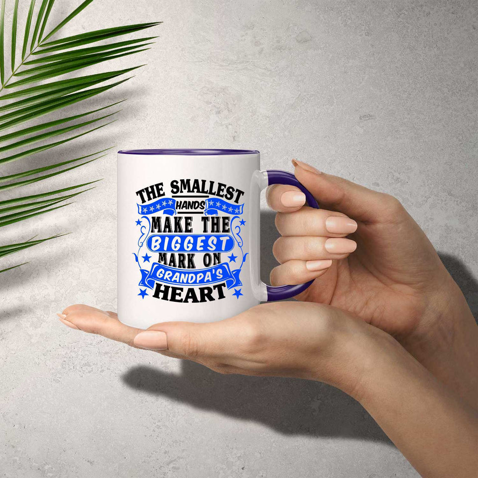 The Smallest Hands Make The Biggest Mark On Grandpa's Heart - 11oz Accent Mug Purple