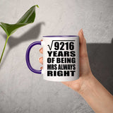 96th Anniversary Square Root Of 9216 Years Mrs Always Right - 11oz Accent Mug Purple