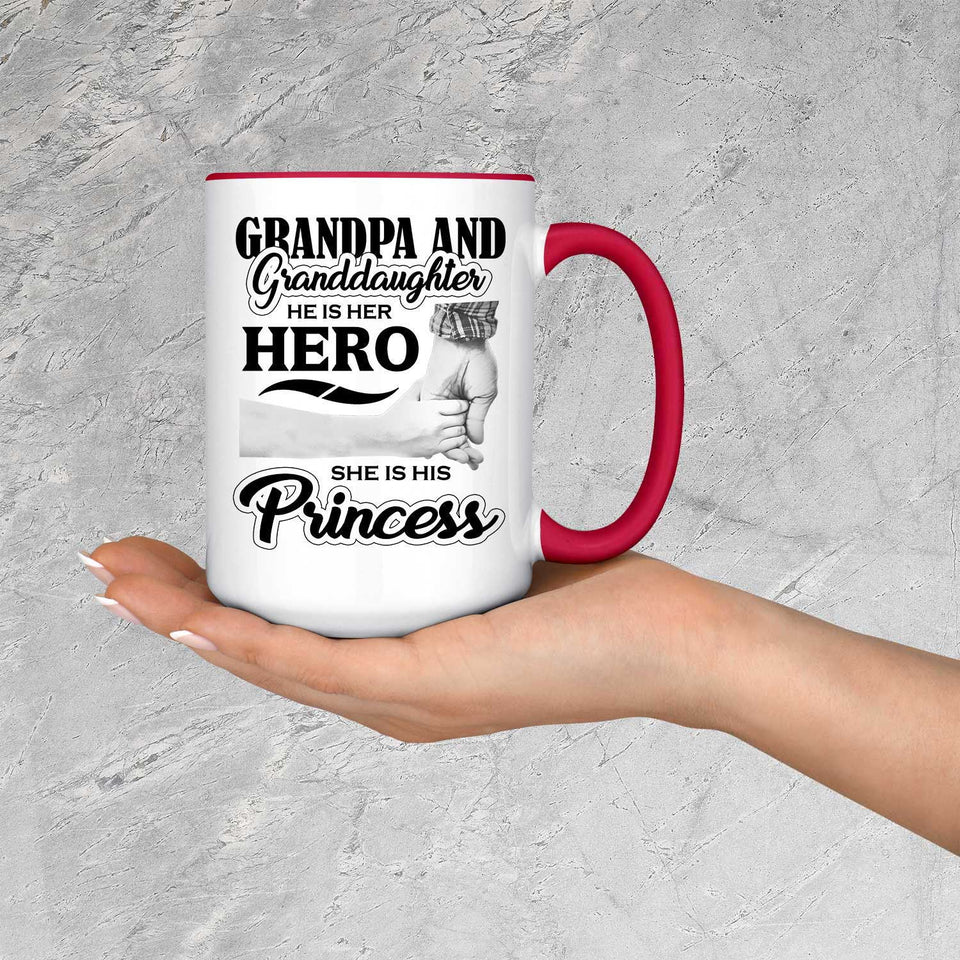Grandpa & Granddaughter, He is Her Hero, She is His Princess - 15oz Accent Mug Red
