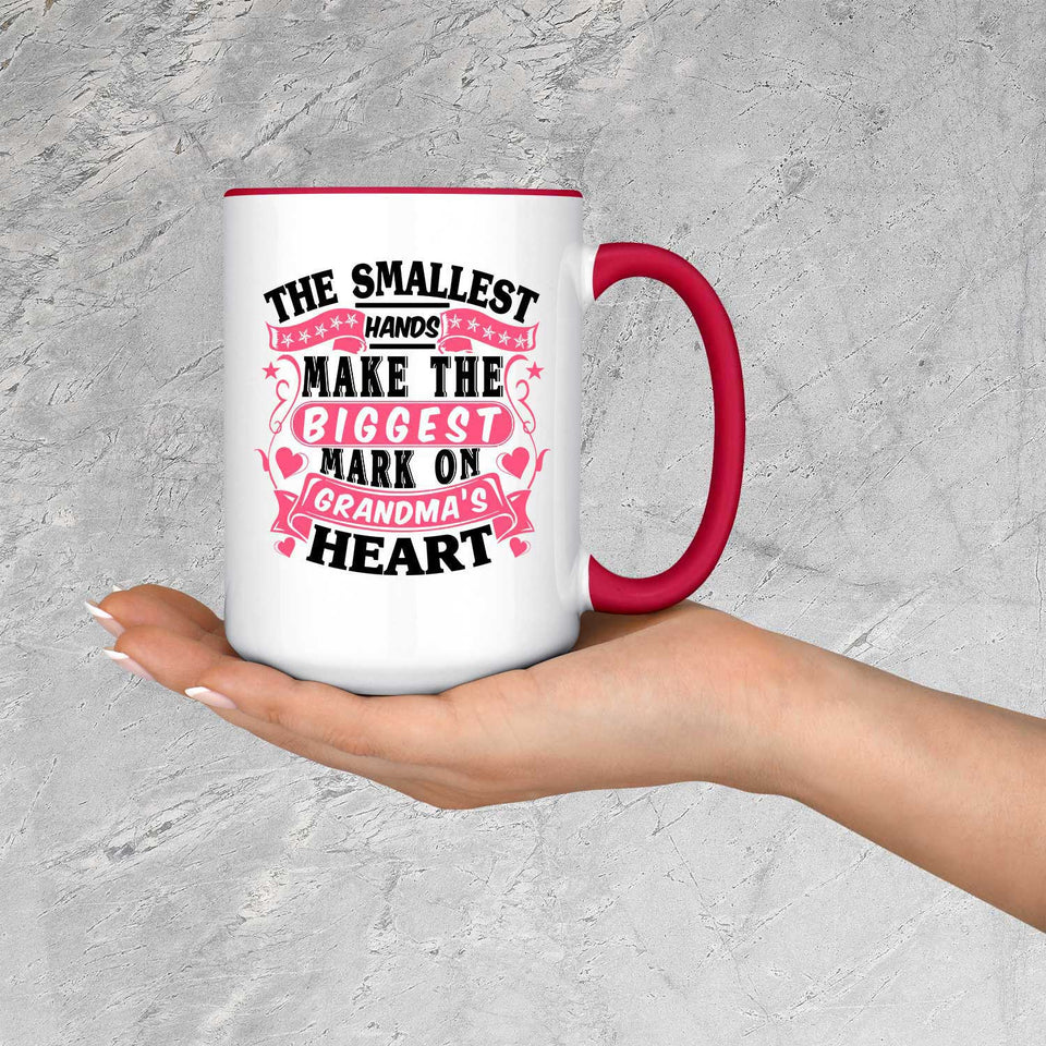 The Smallest Hands Make The Biggest Mark On Grandma's Heart - 15oz Accent Mug Red