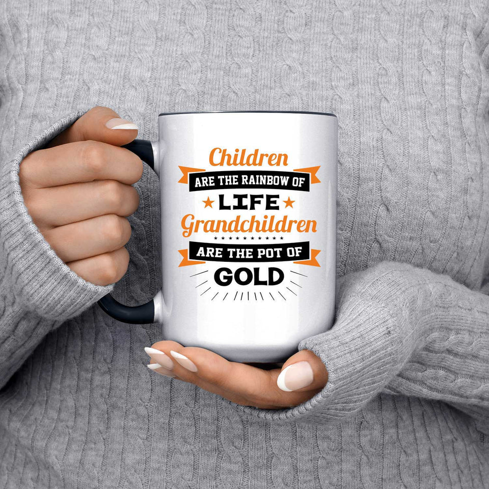 Children Are Rainbow Of Life, Grandchildren Are Pot Of Gold - 15oz Accent Mug Black