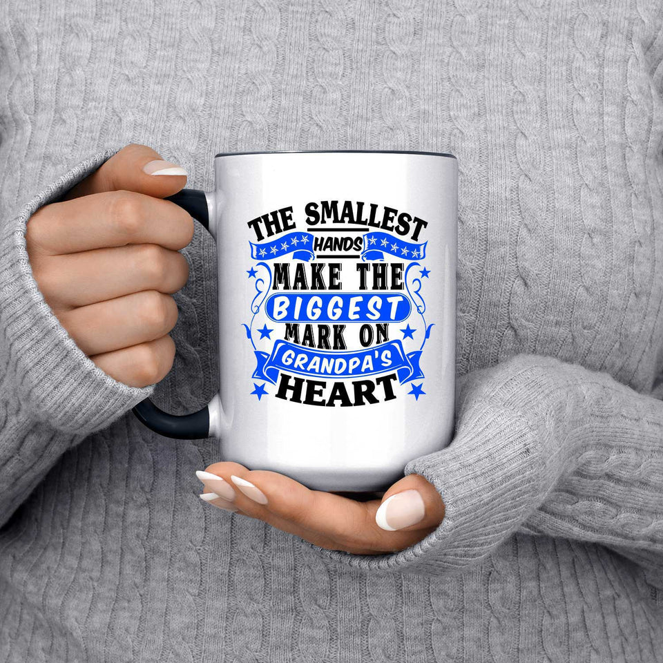 The Smallest Hands Make The Biggest Mark On Grandpa's Heart - 15oz Accent Mug Black