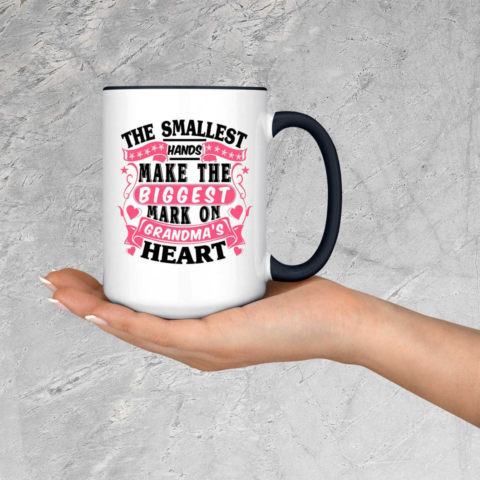 The Smallest Hands Make The Biggest Mark On Grandma's Heart - 15oz Accent Mug Black