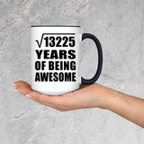 115th Birthday Square Root of 13225 Years of Being Awesome - 15oz Accent Mug Black