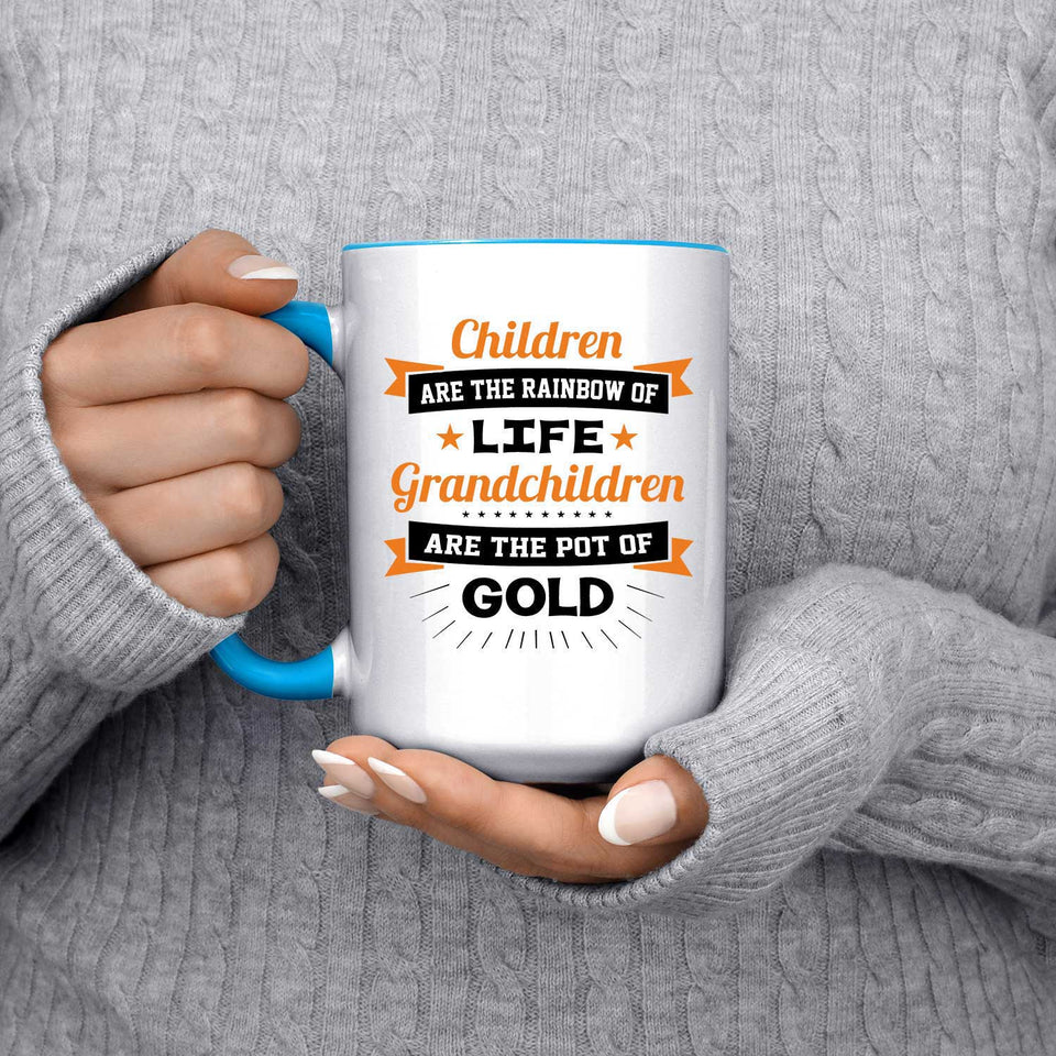 Children Are Rainbow Of Life, Grandchildren Are Pot Of Gold - 15oz Accent Mug Blue