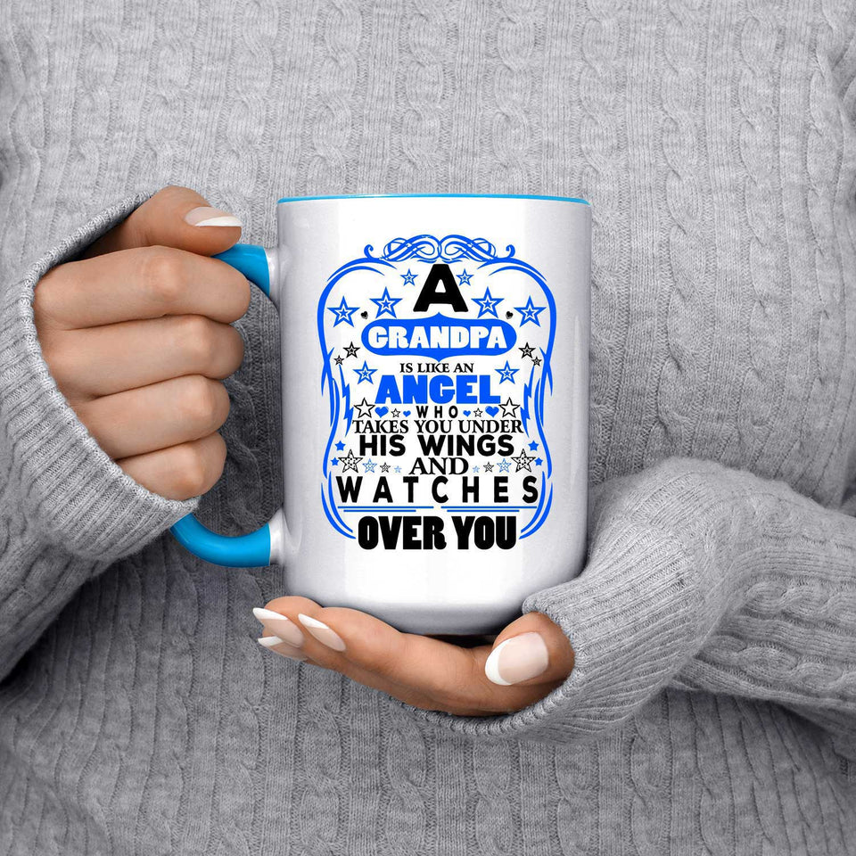 Grandpa Is An Angel Takes You Under His Wings - 15oz Accent Mug Blue