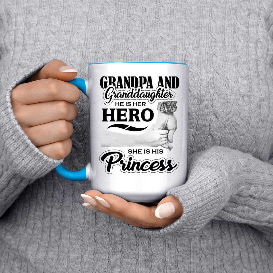 Grandpa & Granddaughter, He is Her Hero, She is His Princess - 15oz Accent Mug Blue