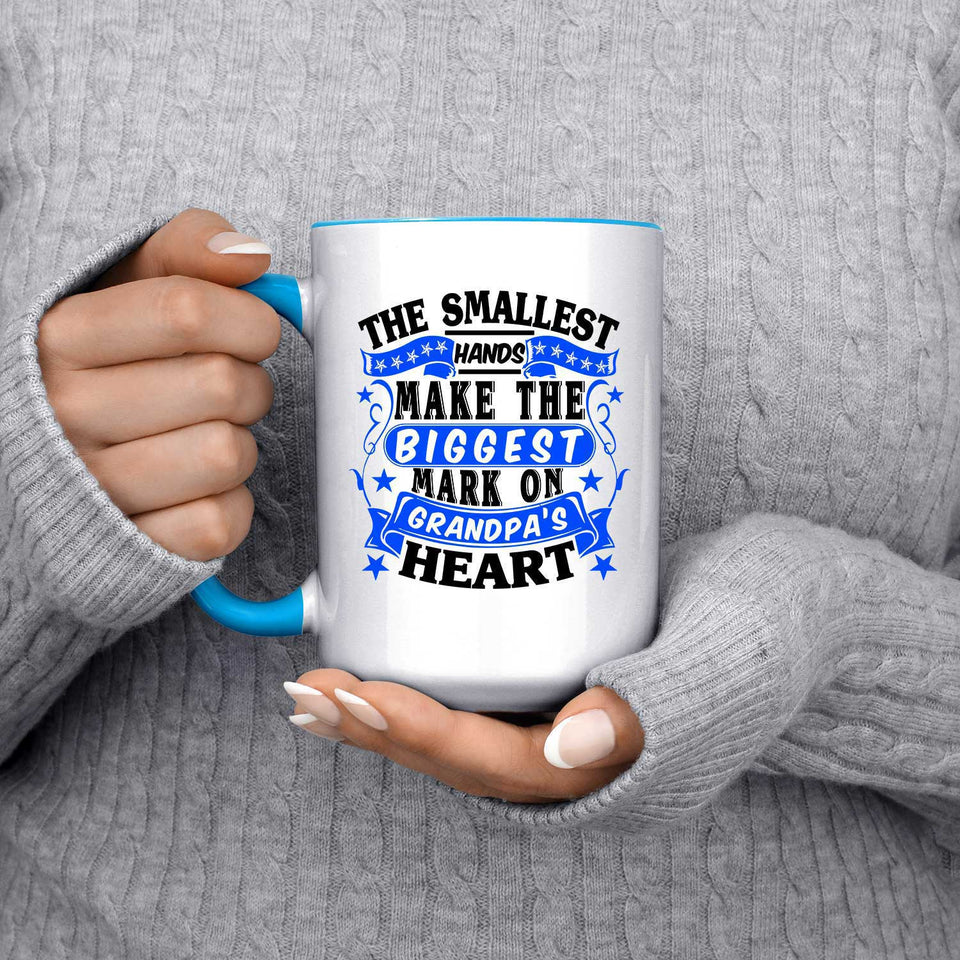 The Smallest Hands Make The Biggest Mark On Grandpa's Heart - 15oz Accent Mug Blue