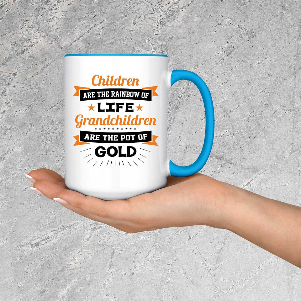 Children Are Rainbow Of Life, Grandchildren Are Pot Of Gold - 15oz Accent Mug Blue