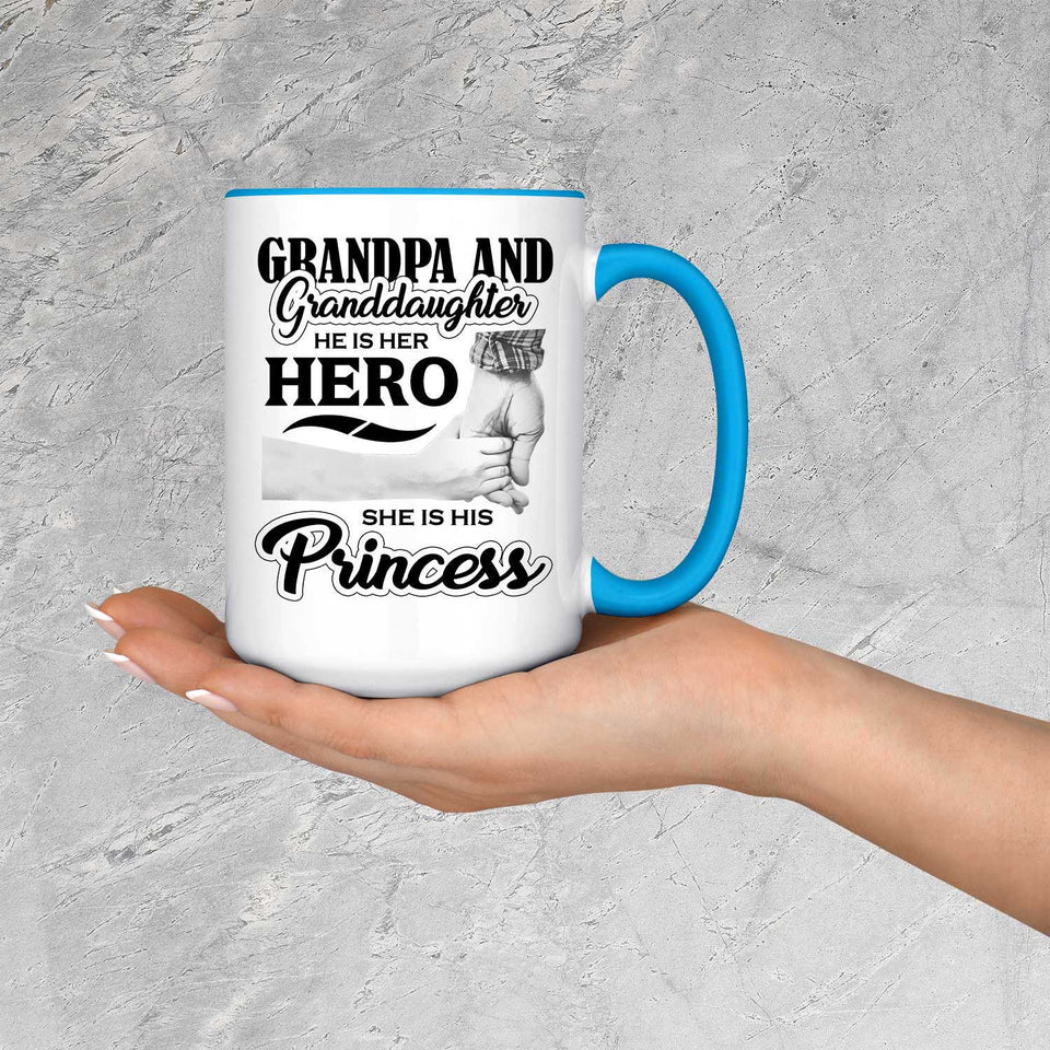 Grandpa & Granddaughter, He is Her Hero, She is His Princess - 15oz Accent Mug Blue