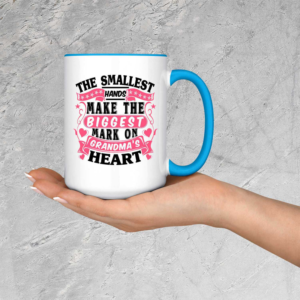 The Smallest Hands Make The Biggest Mark On Grandma's Heart - 15oz Accent Mug Blue