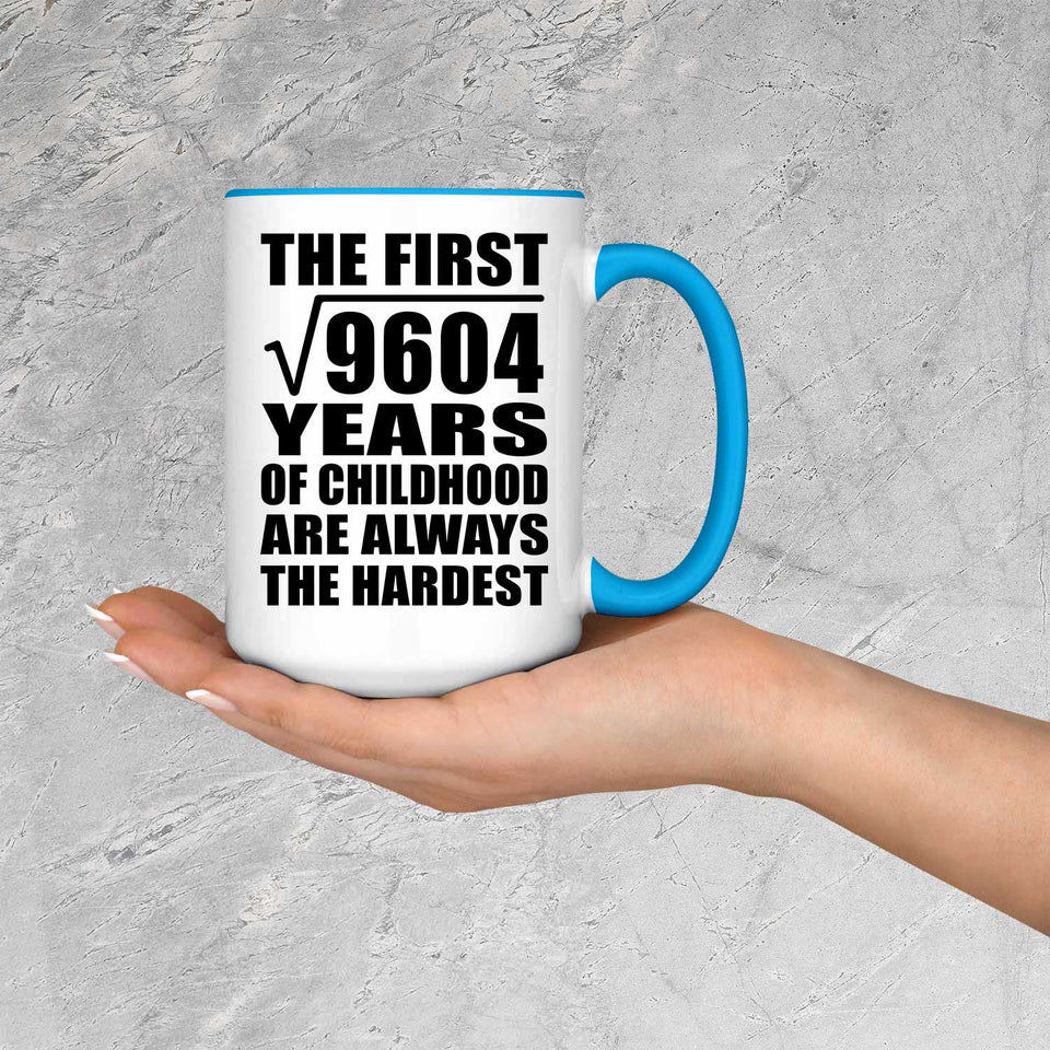 98th Birthday Square Root of 9604 Years of Childhood - 15oz Accent Mug Blue