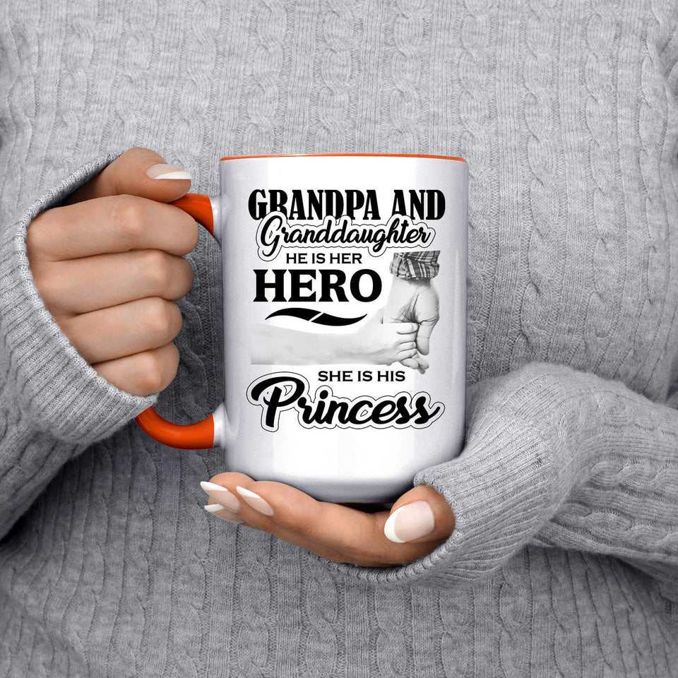 Grandpa & Granddaughter, He is Her Hero, She is His Princess - 15oz Accent Mug Orange