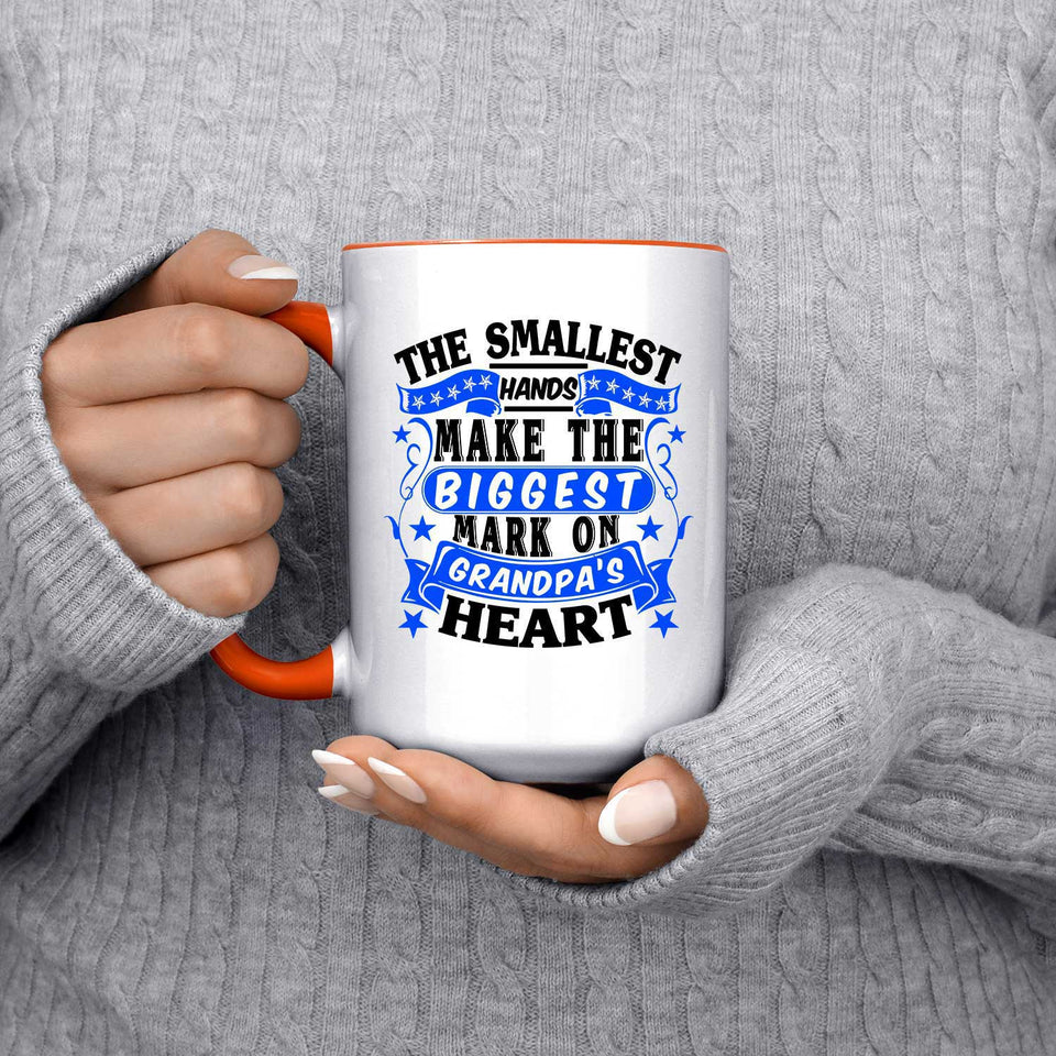 The Smallest Hands Make The Biggest Mark On Grandpa's Heart - 15oz Accent Mug Orange
