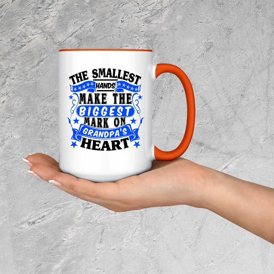 The Smallest Hands Make The Biggest Mark On Grandpa's Heart - 15oz Accent Mug Orange
