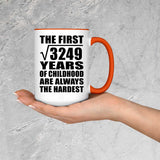 57th Birthday Square Root of 3249 Years of Childhood - 15oz Accent Mug Orange