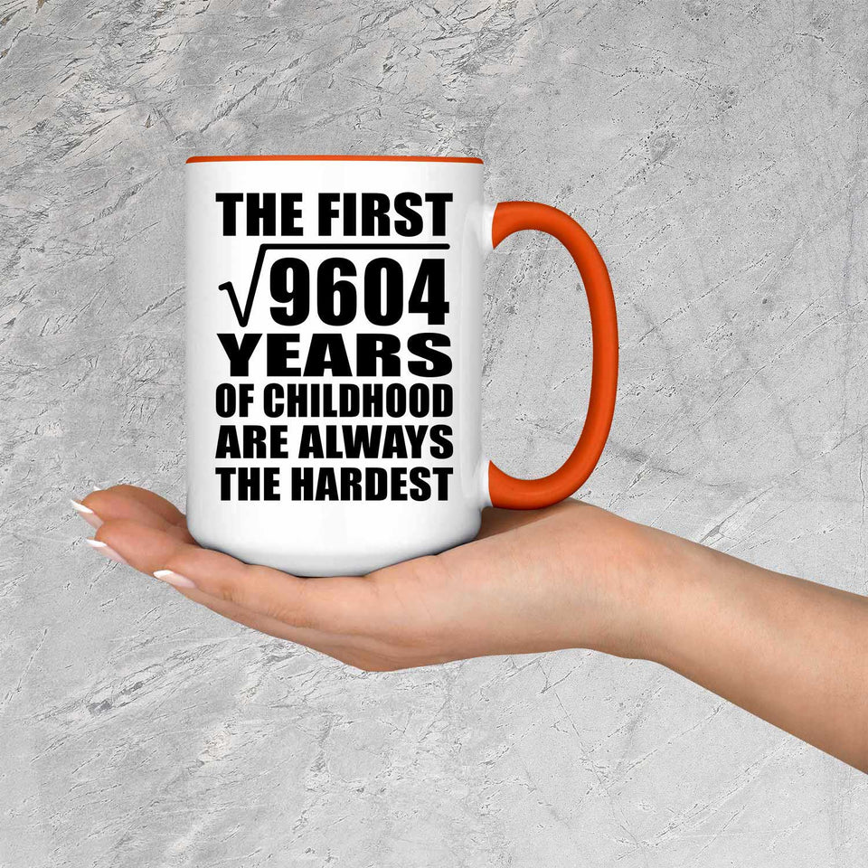 98th Birthday Square Root of 9604 Years of Childhood - 15oz Accent Mug Orange