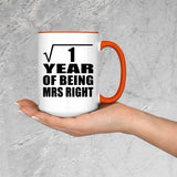1st Anniversary Square Root of 1 Year of Being Mrs Right - 15oz Accent Mug Orange
