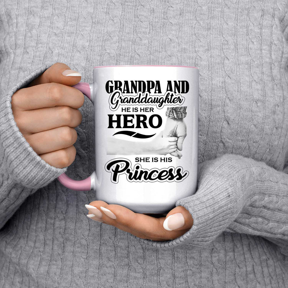 Grandpa & Granddaughter, He is Her Hero, She is His Princess - 15oz Accent Mug Pink