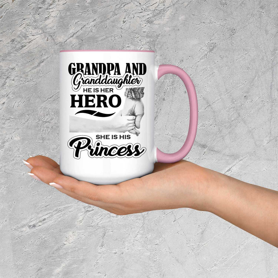 Grandpa & Granddaughter, He is Her Hero, She is His Princess - 15oz Accent Mug Pink