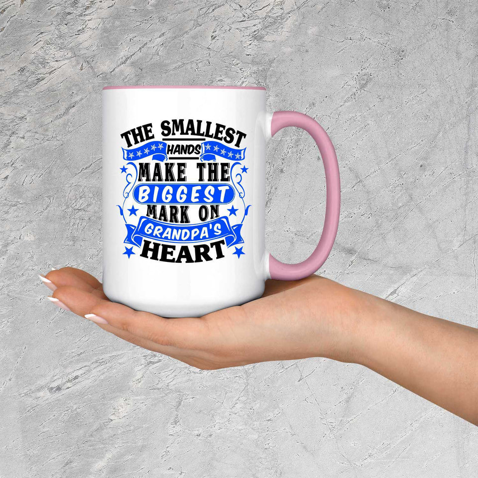 The Smallest Hands Make The Biggest Mark On Grandpa's Heart - 15oz Accent Mug Pink