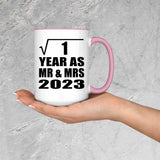 1st Anniversary Square Root of 1 Year As Mr & Mrs 2023 - 15oz Accent Mug Pink