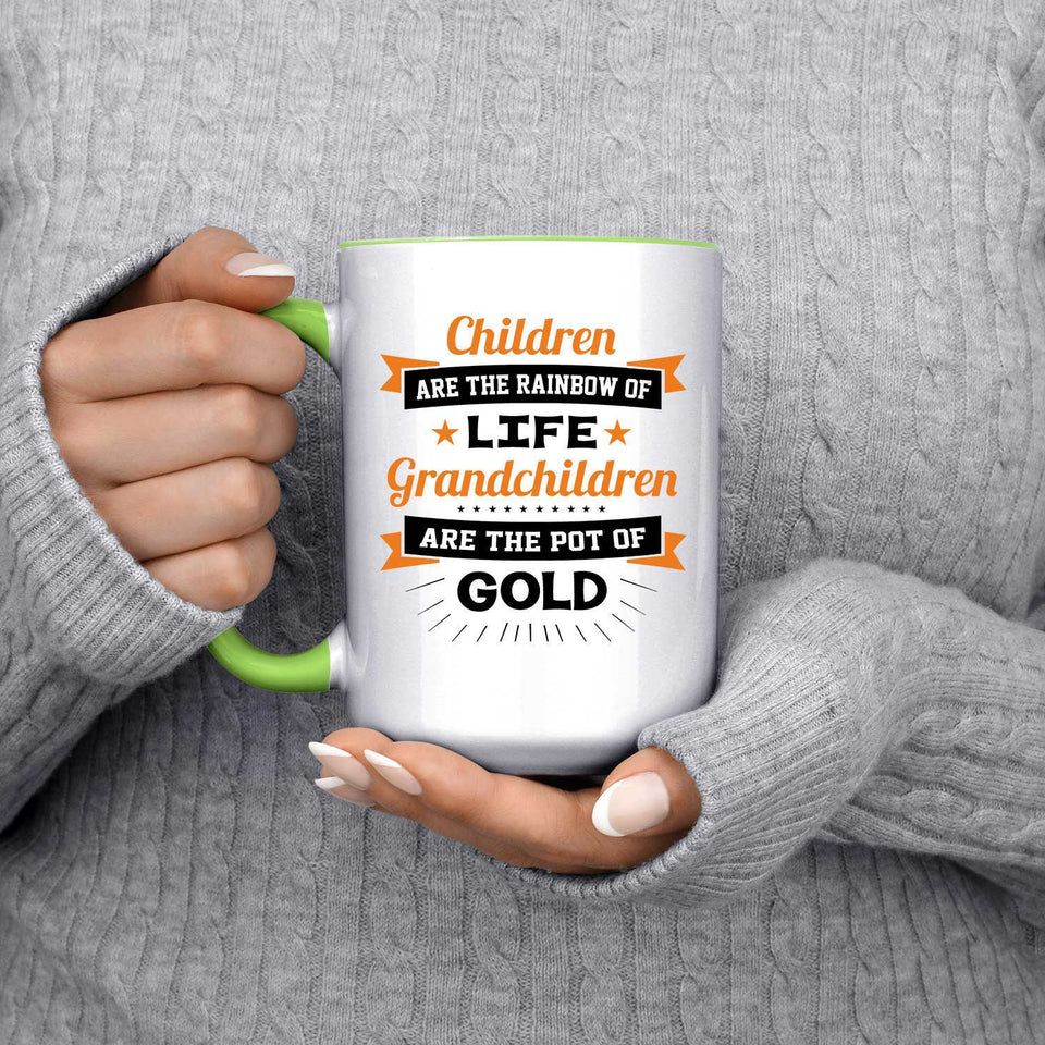 Children Are Rainbow Of Life, Grandchildren Are Pot Of Gold - 15oz Accent Mug Green