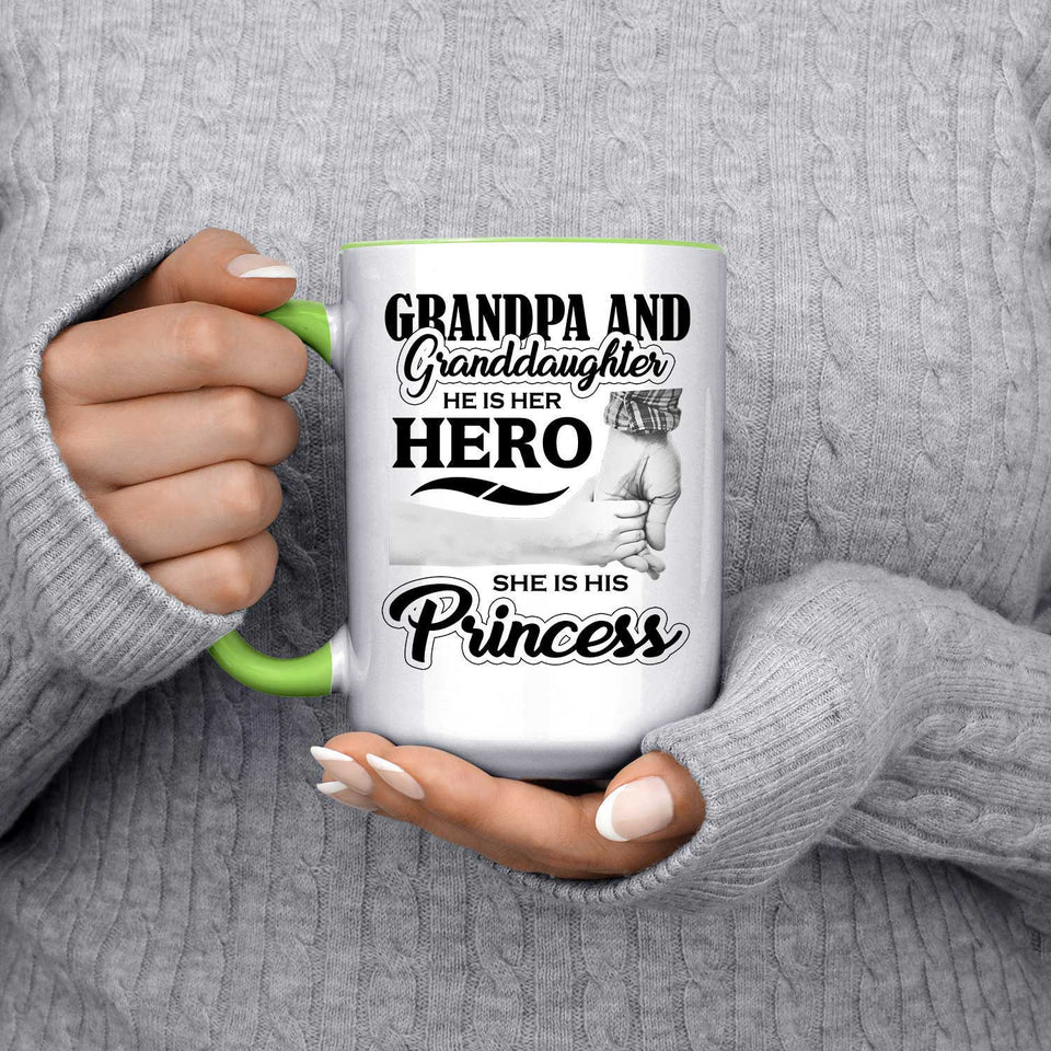 Grandpa & Granddaughter, He is Her Hero, She is His Princess - 15oz Accent Mug Green