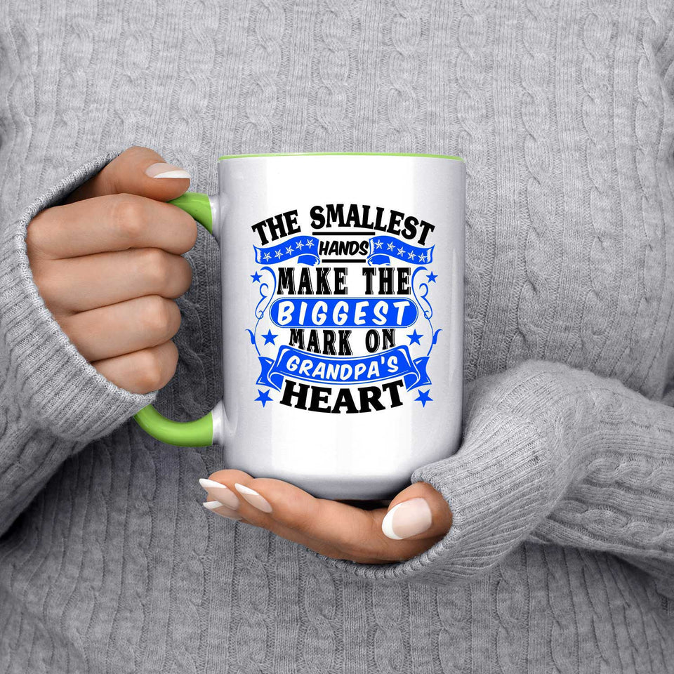 The Smallest Hands Make The Biggest Mark On Grandpa's Heart - 15oz Accent Mug Green