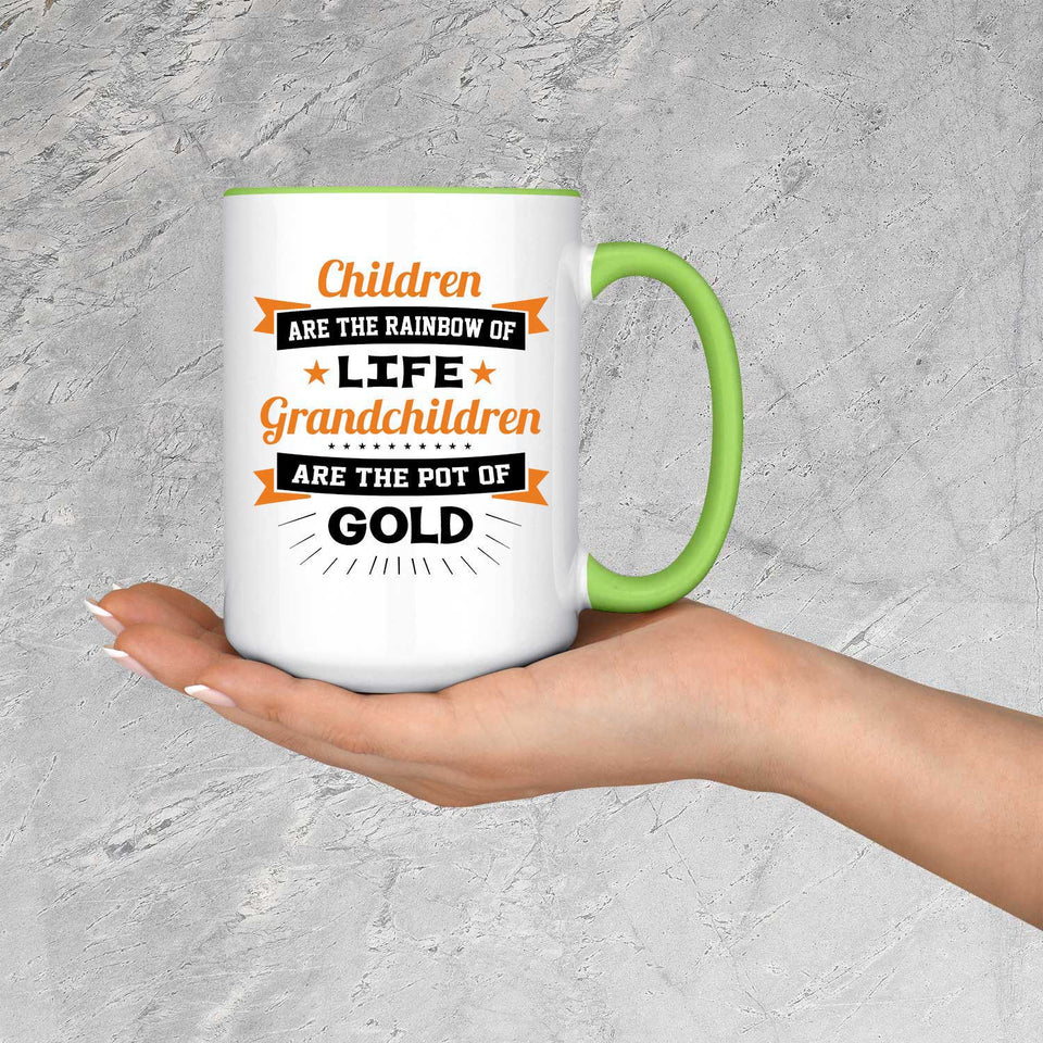 Children Are Rainbow Of Life, Grandchildren Are Pot Of Gold - 15oz Accent Mug Green