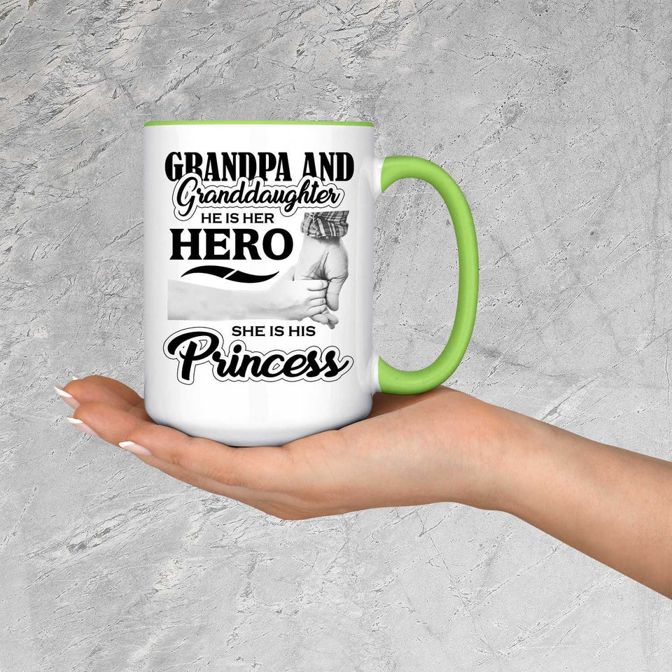 Grandpa & Granddaughter, He is Her Hero, She is His Princess - 15oz Accent Mug Green