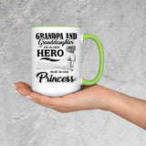 Grandpa & Granddaughter, He is Her Hero, She is His Princess - 15oz Accent Mug Green