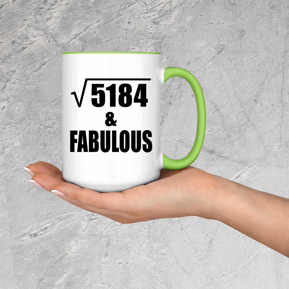 72nd Birthday Square Root of 5184 & Fabulous - 15oz Accent Mug Green