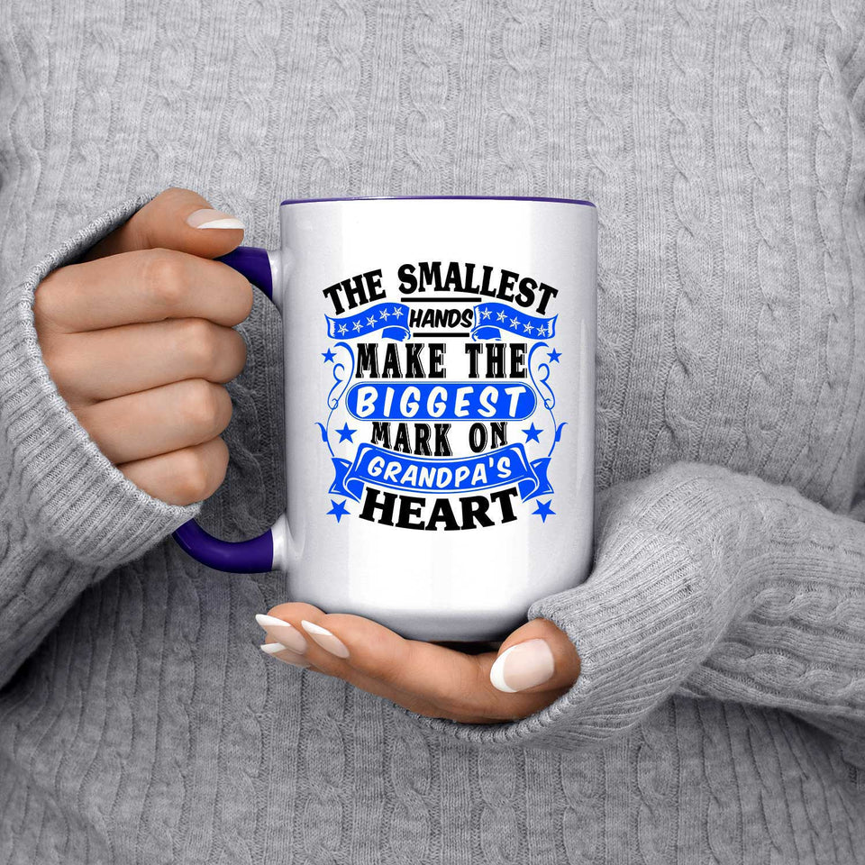The Smallest Hands Make The Biggest Mark On Grandpa's Heart - 15oz Accent Mug Purple