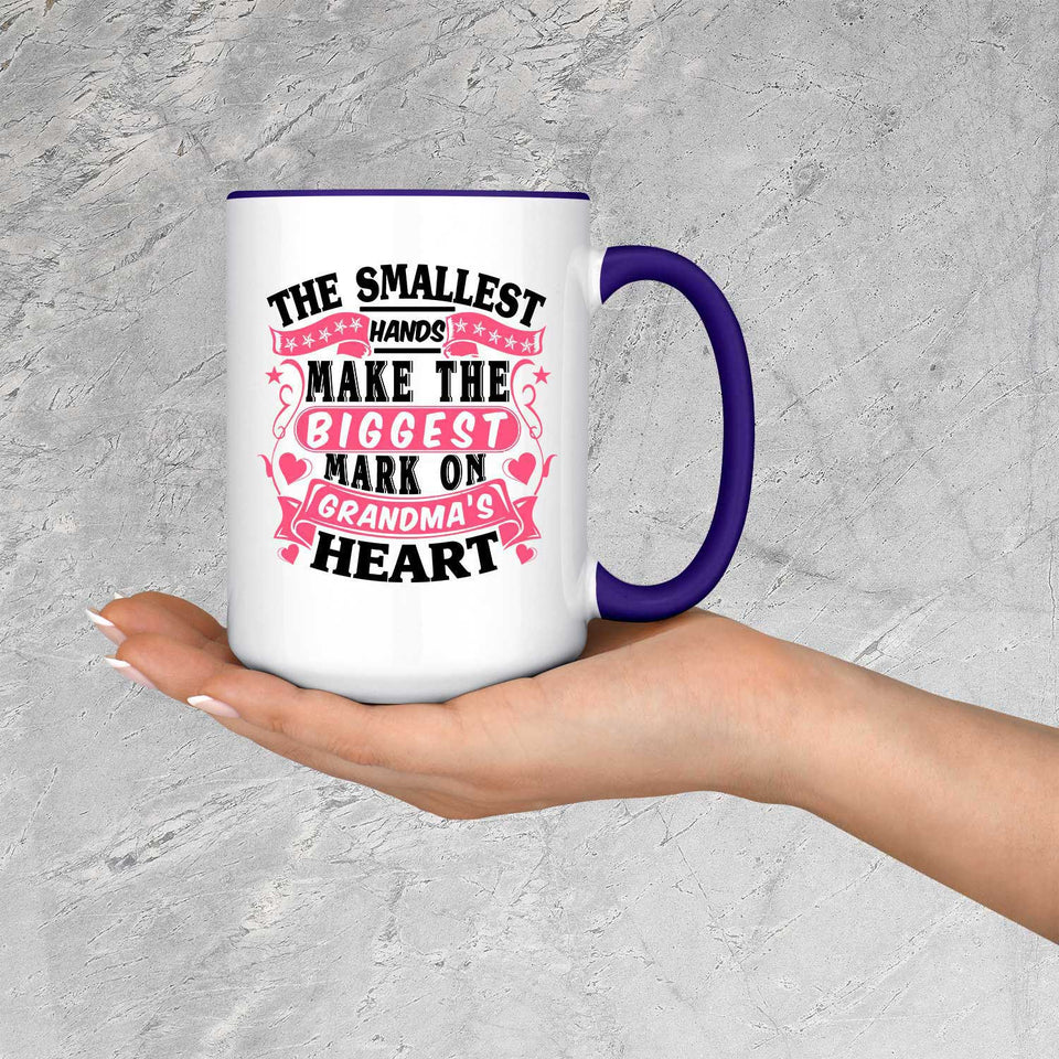 The Smallest Hands Make The Biggest Mark On Grandma's Heart - 15oz Accent Mug Purple