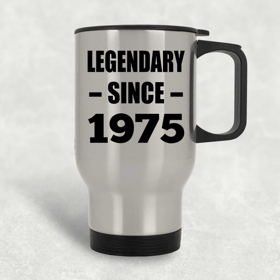49th Birthday Legendary Since 1975 - Silver Travel Mug