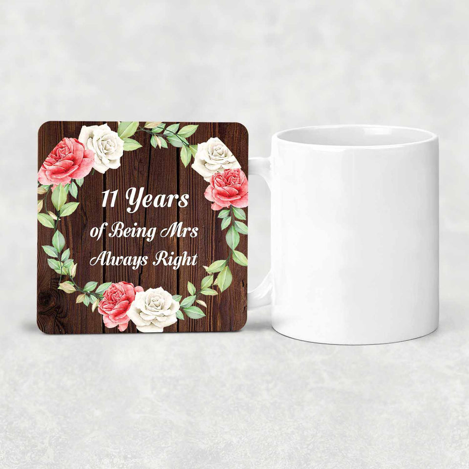 11th Anniversary 11 Years Of Being Mrs Always Right - Drink Coaster A