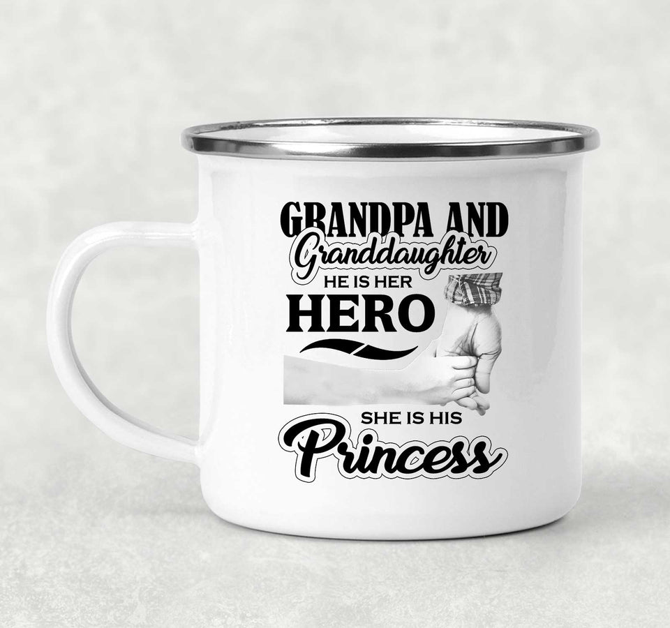 Grandpa & Granddaughter, He is Her Hero, She is His Princess - 12oz Camping Mug