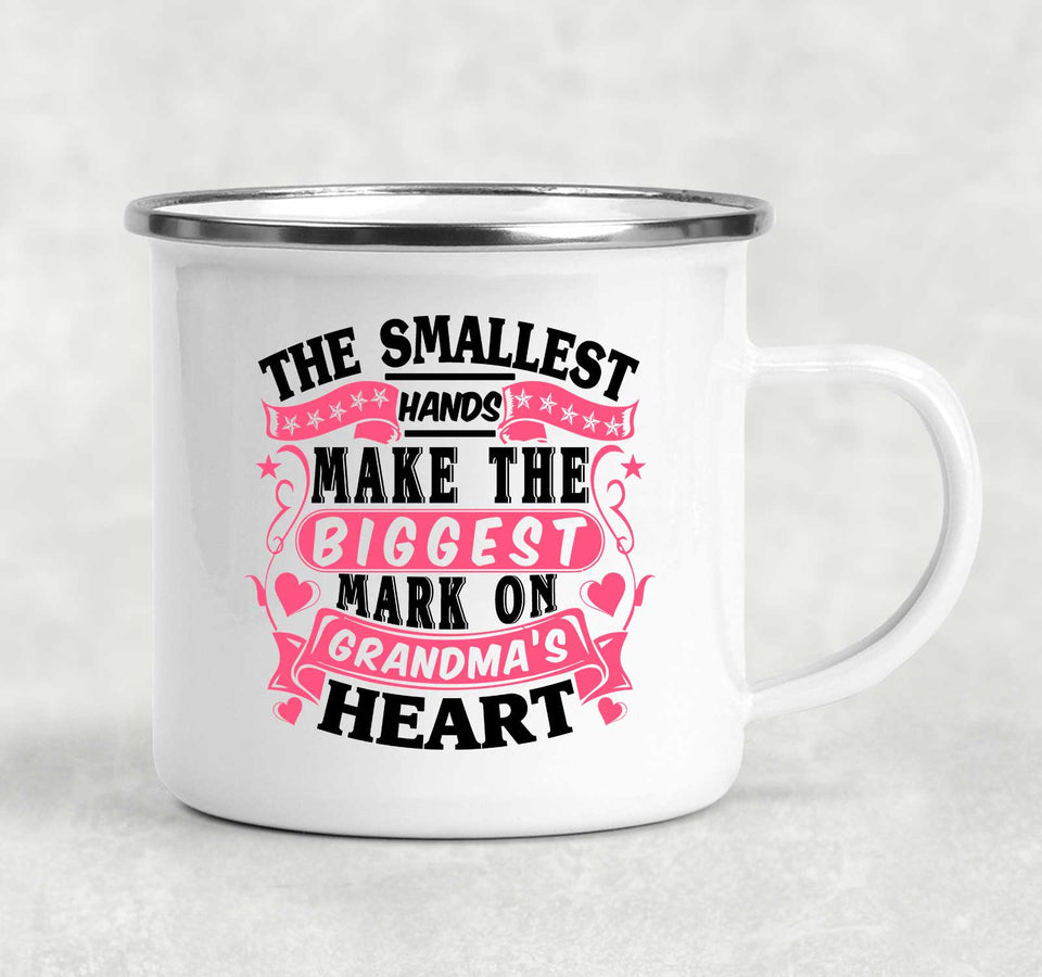 The Smallest Hands Make The Biggest Mark On Grandma's Heart - 12oz Camping Mug